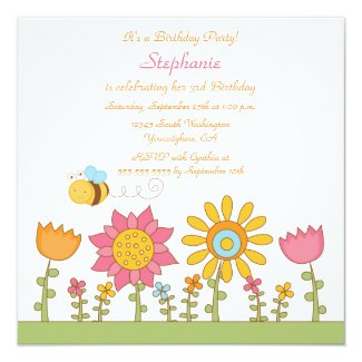 Cute bee flying flowers birthday party invitation