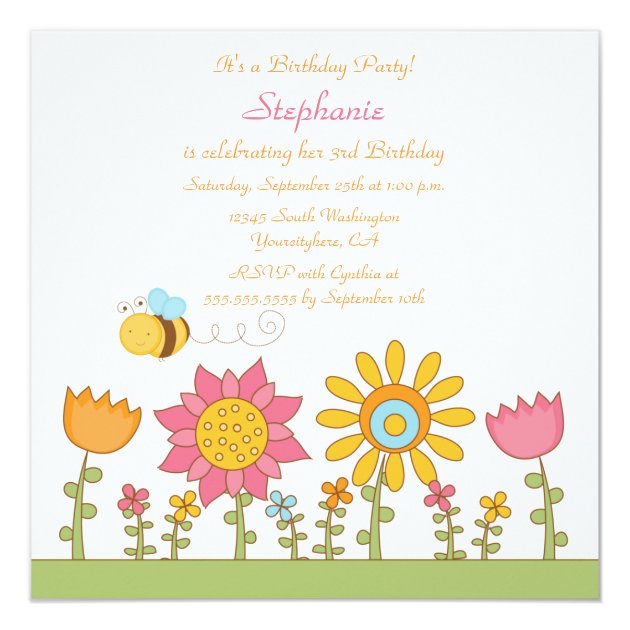 Cute Bee Flying Flowers Birthday Party Invitation