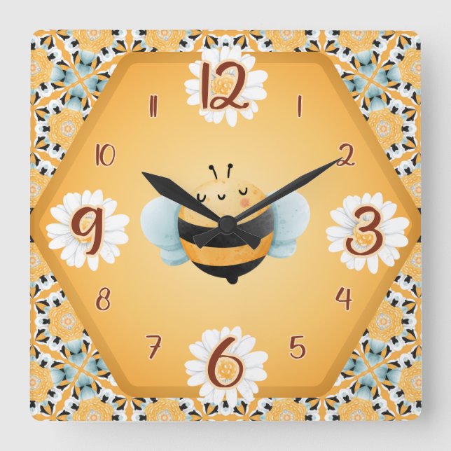 Cute bee fun square clock (Front)