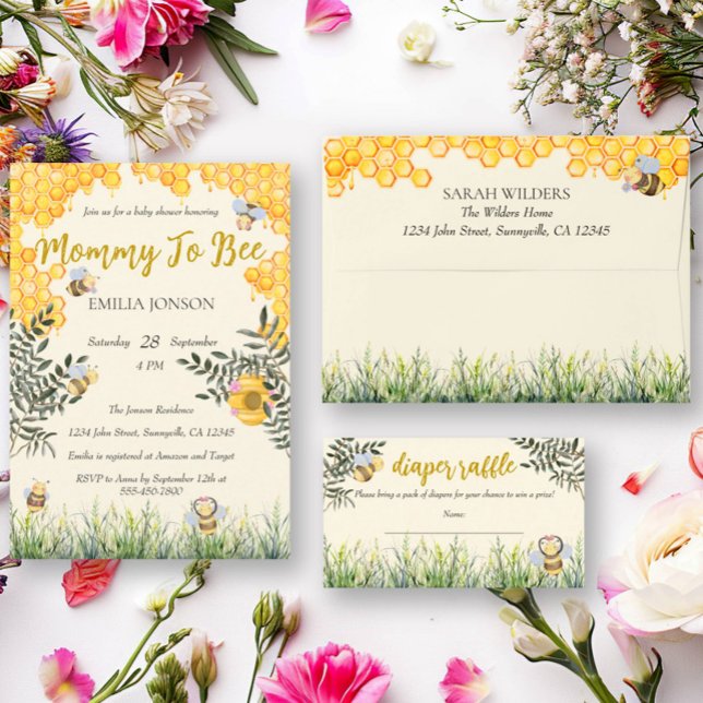 Cute Bee Garden Watercolor Boho Diaper Raffle Enclosure Card (Creator Uploaded)