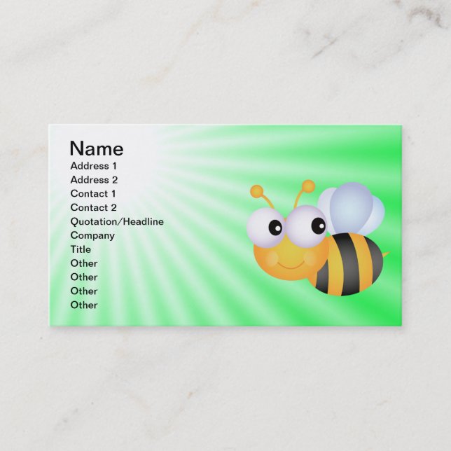 Cute Bee; Green Business Card (Front)