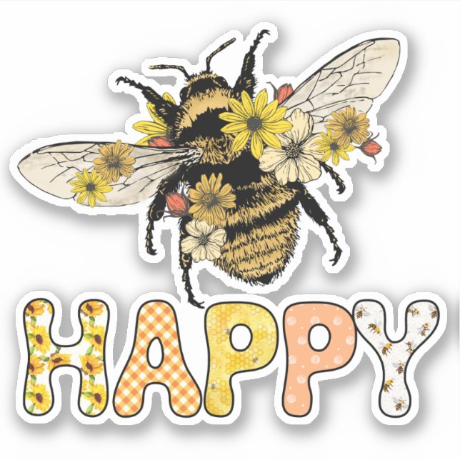 Cute Bee Happy Honeybee Flowers Sticker (Front)