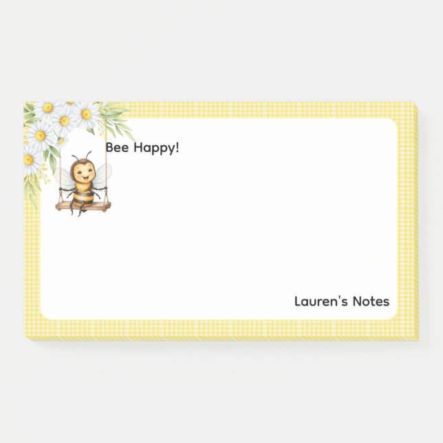 Cute "Bee happy" Pesonalised Post-it Notes (Front)