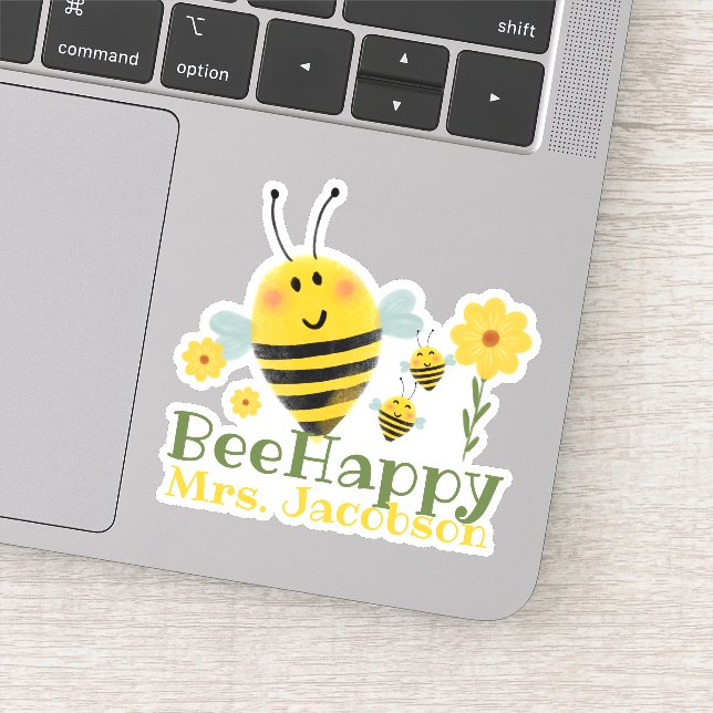Cute Bee Happy Teacher Saying Watercolor Bee Sticker (Detail)