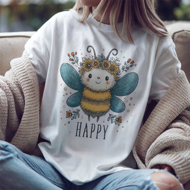 Cute Bee Happy Watercolor Floral T-Shirt (Creator Uploaded)