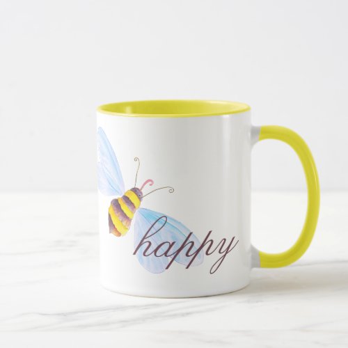 Cute bee happy yellow brown or custom text mug