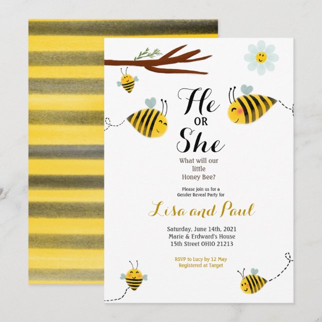 Cute Bee He or She Gender Reveal Invitation (Front/Back)
