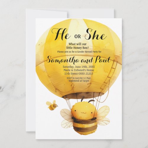Cute Bee He or She Hot air Balloon Gender Reveal Invitation
