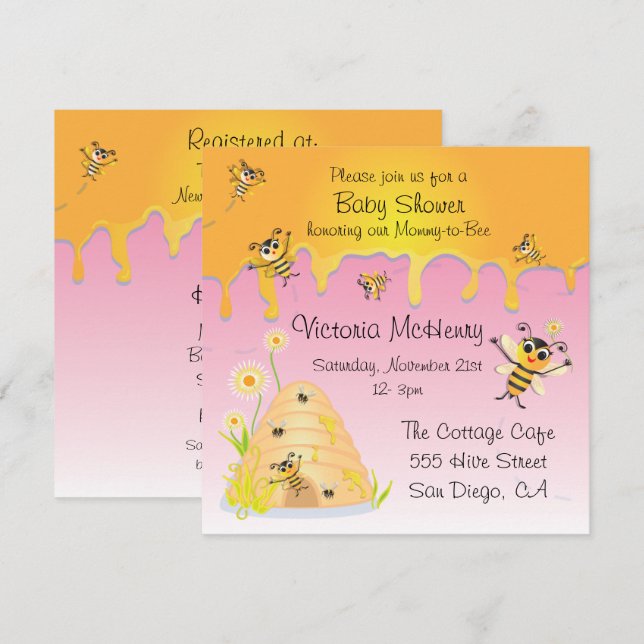 Cute Bee HIve Baby Girl Shower Invitation (Front/Back)