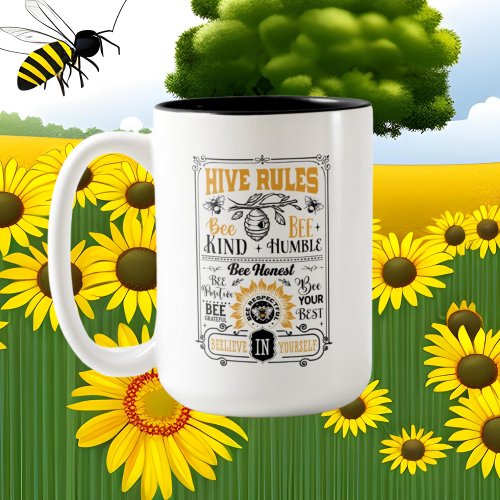 cute bee hive rules add Family name Two_Tone Coffee Mug