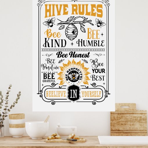 cute-bee-hive-rules-word-art-poster-zazzle