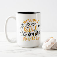 cute bee hive welcome add Family name Two-Tone Coffee Mug