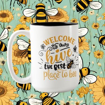 Cute Bee Hive Welcome Add Family Name Two-tone Coffee Mug by DoodlesGifts at Zazzle