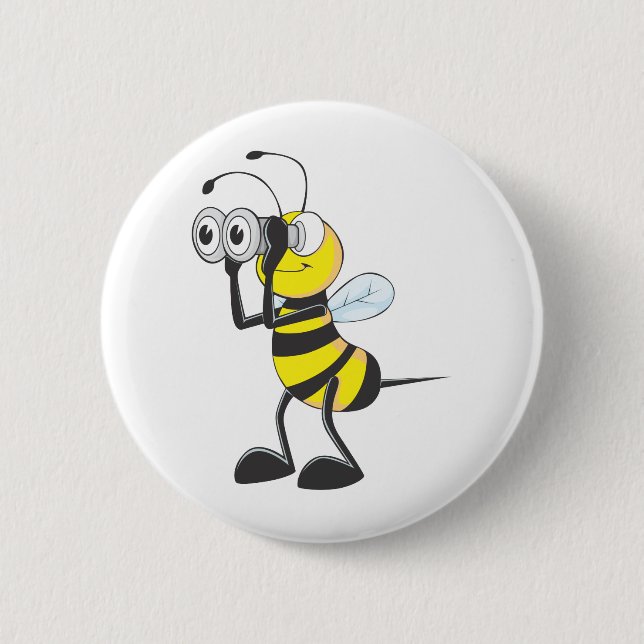 Cute Bee Holding Binoculars Looking at Something Pinback Button (Front)
