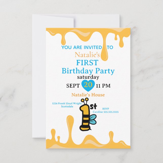 Cute Bee Honey Drips 1st Birthday Invite Adaptable (Front)