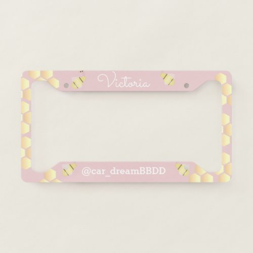 Cute Bee Honey Script Name Business Pink License Plate Frame