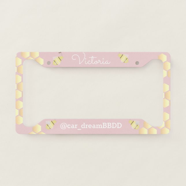 Cute Bee Honey Script Name Business Pink License Plate Frame (Front)