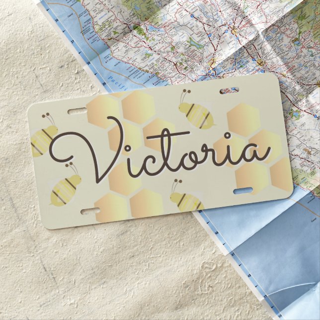 Cute Bee Honey Script Name License Plate (In Situ)