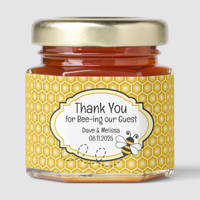 Cute Bee Honeycomb Personalized Wedding  Honey Jar Favors (Front)
