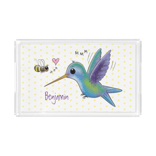 Cute bee hummingbird cartoon illustration acrylic tray (Front)