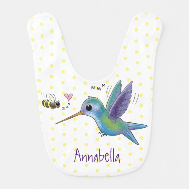 Cute bee hummingbird cartoon illustration baby bib (Front)