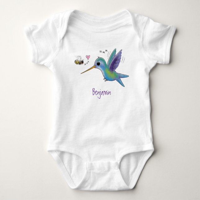 Cute bee hummingbird cartoon illustration baby bodysuit (Front)