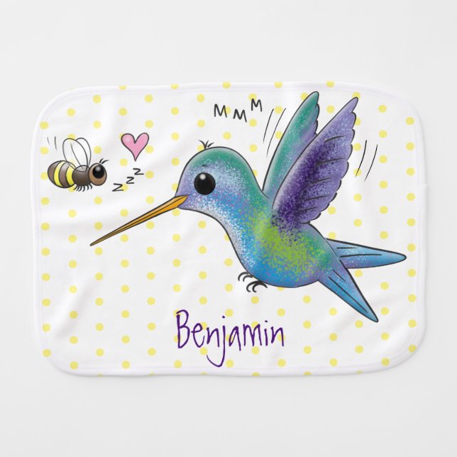 Cute bee hummingbird cartoon illustration baby burp cloth (Front Horizontal)