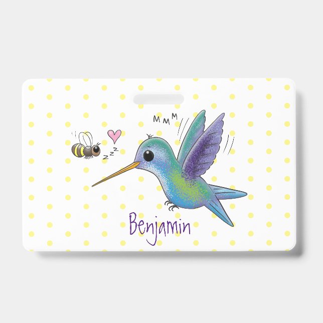 Cute bee hummingbird cartoon illustration badge (Front)