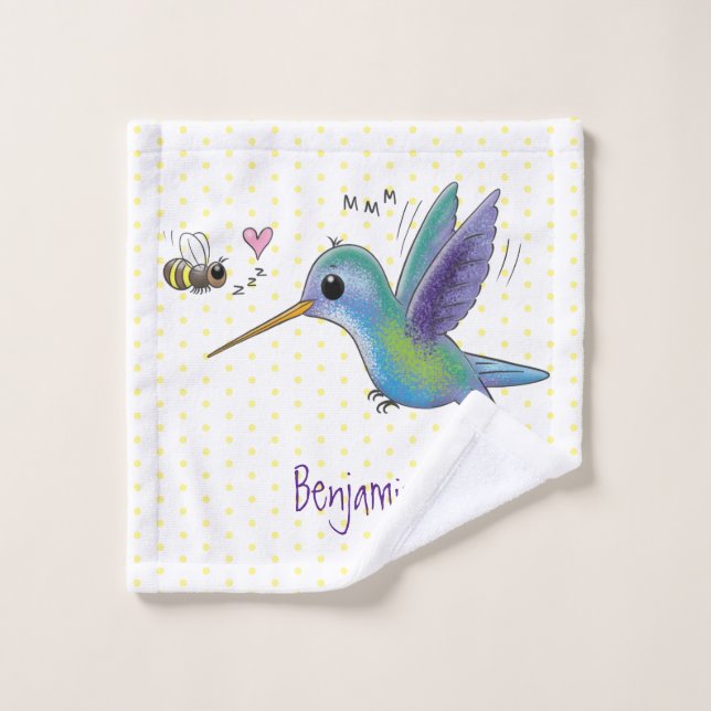 Cute bee hummingbird cartoon illustration bath towel set (Wash Cloth)