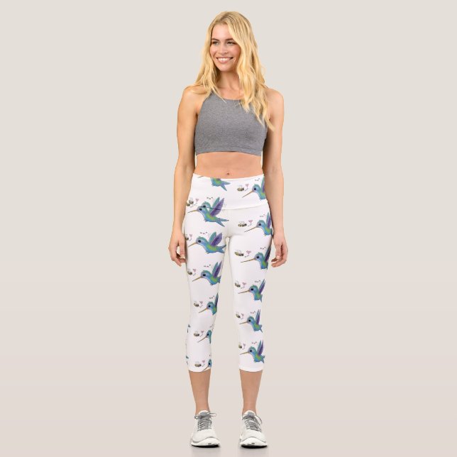 Cute bee hummingbird cartoon illustration capri leggings (Front)