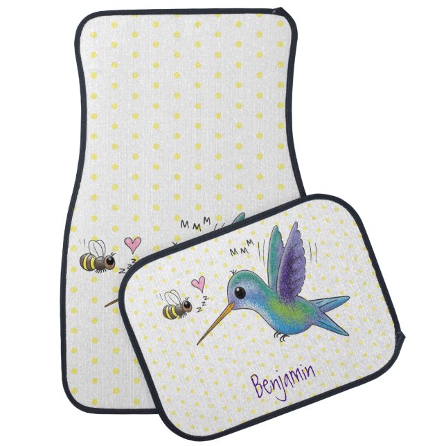 Cute bee hummingbird cartoon illustration  car floor mat (Set)