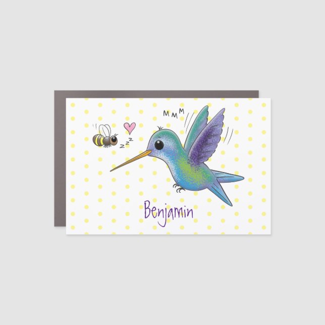 Cute bee hummingbird cartoon illustration car magnet (Front)