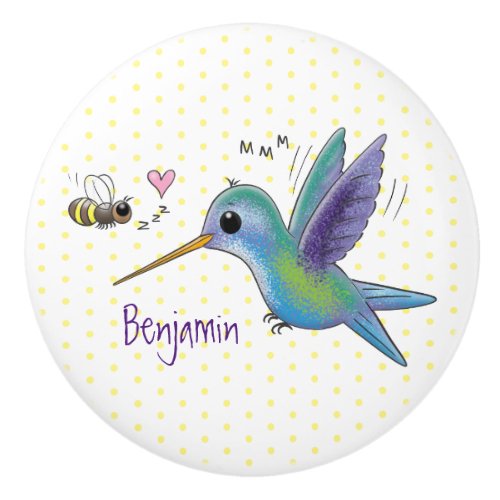 Cute bee hummingbird cartoon illustration ceramic knob