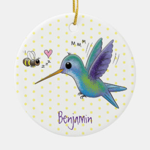 Cute bee hummingbird cartoon illustration ceramic ornament