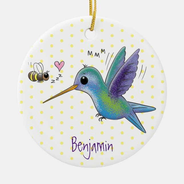Cute bee hummingbird cartoon illustration ceramic ornament (Front)