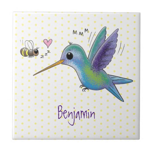 Cute bee hummingbird cartoon illustration ceramic tile