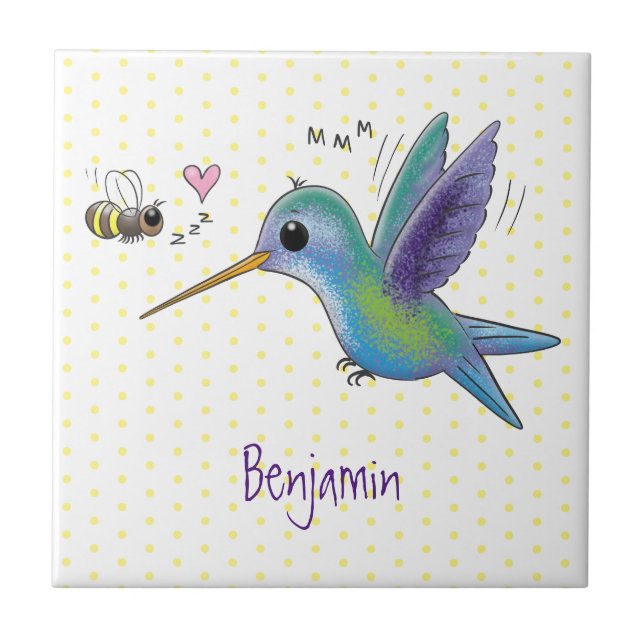 Cute bee hummingbird cartoon illustration ceramic tile (Front)