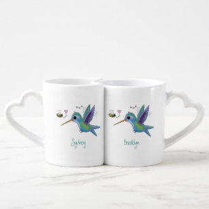 Cute bee hummingbird cartoon illustration coffee mug set