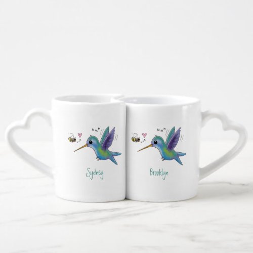 Cute bee hummingbird cartoon illustration coffee mug set