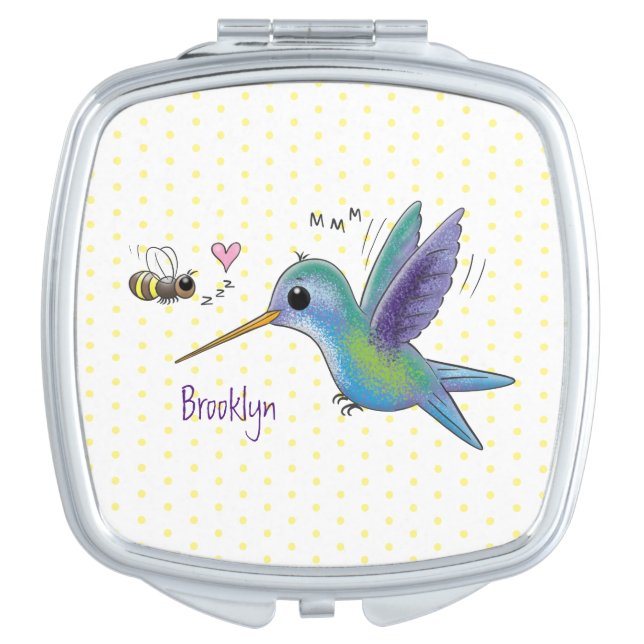 Cute bee hummingbird cartoon illustration compact mirror (Front)