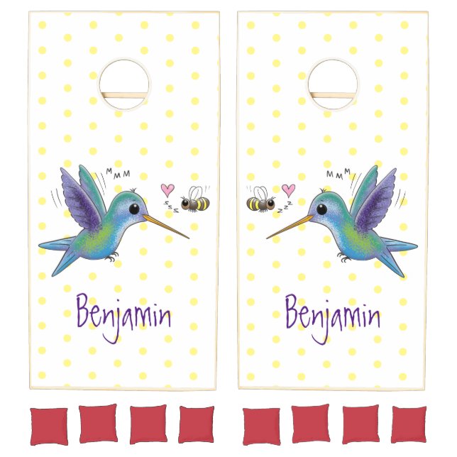 Cute bee hummingbird cartoon illustration cornhole set (Set)
