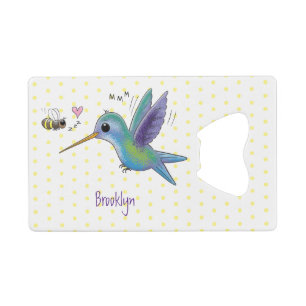Cute bee hummingbird cartoon illustration credit card bottle opener