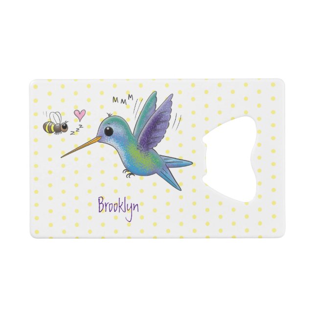Cute bee hummingbird cartoon illustration credit card bottle opener (Front (Horizontal))