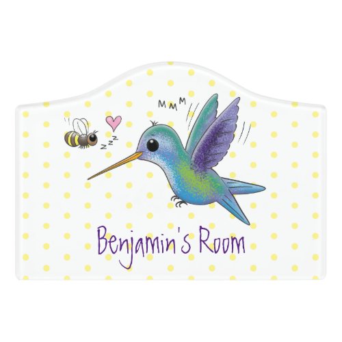 Cute bee hummingbird cartoon illustration door sign