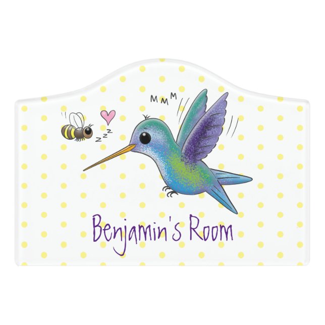 Cute bee hummingbird cartoon illustration door sign (Small Crest Front)