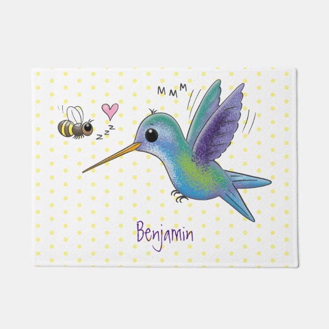 Cute bee hummingbird cartoon illustration doormat (Front)