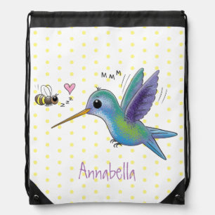 Cute bee hummingbird cartoon illustration drawstring bag
