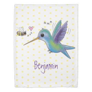 Cute bee hummingbird cartoon illustration duvet cover
