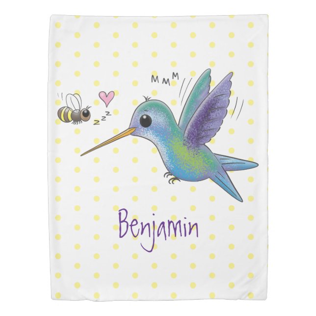 Cute bee hummingbird cartoon illustration duvet cover (Front)