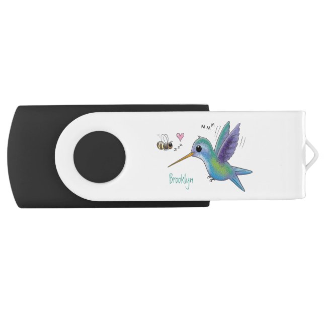 Cute bee hummingbird cartoon illustration flash drive (Front)